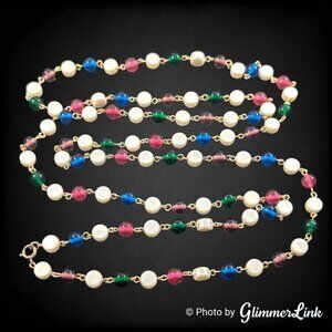 Vintage Long Multicolor Beaded Wire Faux Pearl Flapper Style Gold Tone Necklace